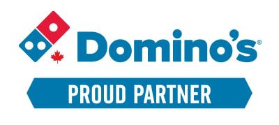 A logo for Domino's pizza showing a blue and red domino piece.