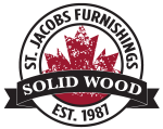 A circular logo with a maple leaf reading St. Jacobs Furnishings Solid Wood est. 1987.