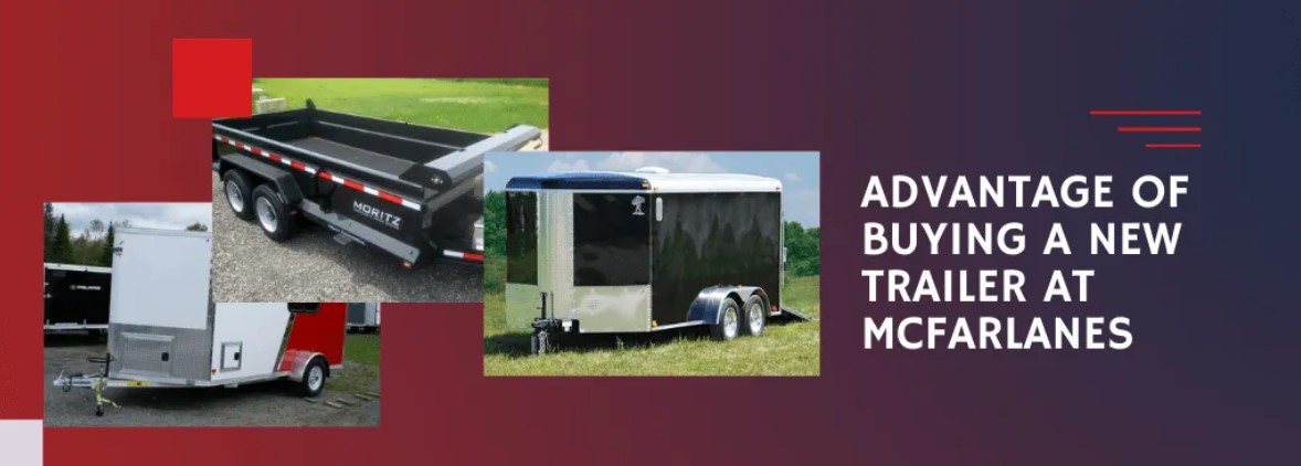 Collage of three photos of pull-behind photos - one black trailer with open bed, one silver and white enclosed, and one black and silver enclosed