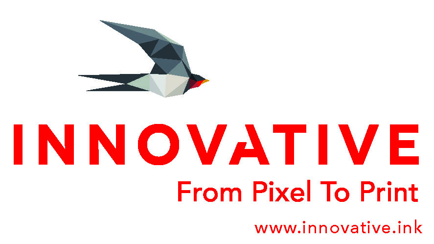 Sparrow flying over the red word Innovative and in smaller type, "From pixel to print"