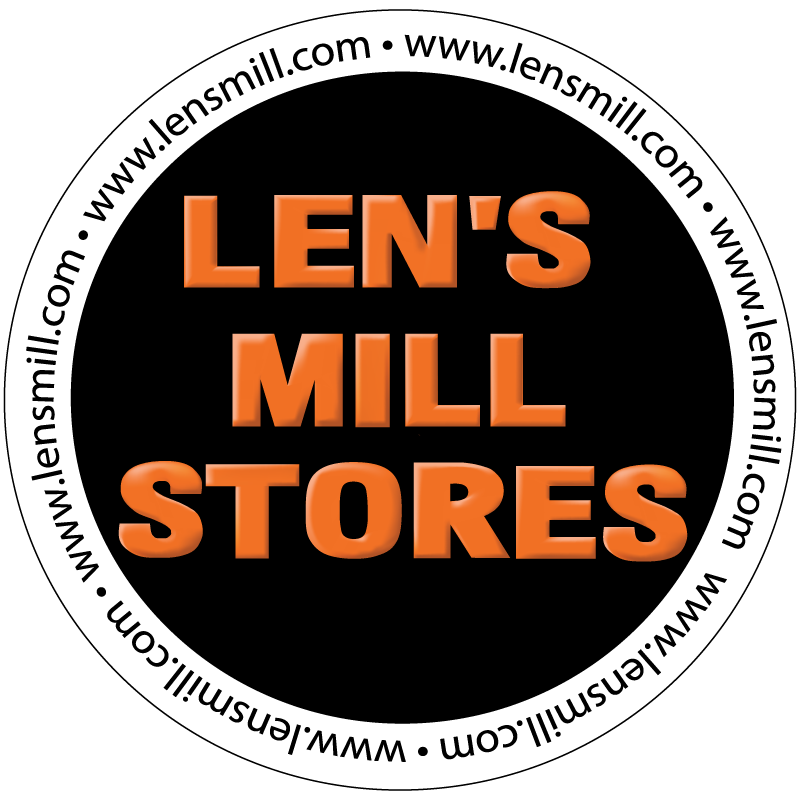 A logo of Len's Mill Stores that is round and contains the names of all of their locations.