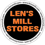 Black circle with Len's Mill Stores written in red upper case letters in the centre.