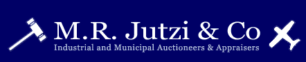 Dark blue banner with white auctioneer gavel on left and outline of airplane on right with words M.R. Jutzi & Co in centre