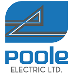 Blue oval shape with opposite pointed corners and the words Poole Electric underneath.