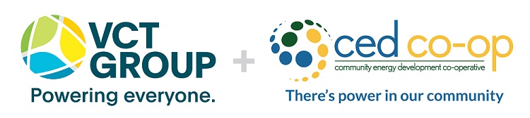 Logo for VCT Group, a colourful ball, and logo for ced co-op, a spiral made of colours. Separated by a plus sign.