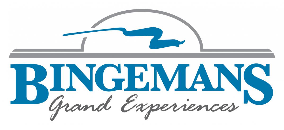 Large upper case letting forms the word Bingemans, and underneath in cursive is the phrase Grand Experiences. Overtop of Bingemans is a grey structure-like building and a blue swirl.