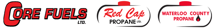 The Core Fuels logo which shows red and black lettering, "Red Cap Propane" and "Waterloo County Propane" surrounded by an oval outline resembling a propane tank.