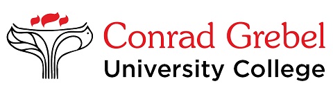 Bird figure and feather forming shape of bowl on a stand with red looking flames out the top. Words Conrad Grebel in red, and University College below