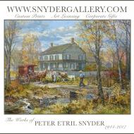 Painted image of historic house with three figures in conservative dress, farm animals and a horse and buggy