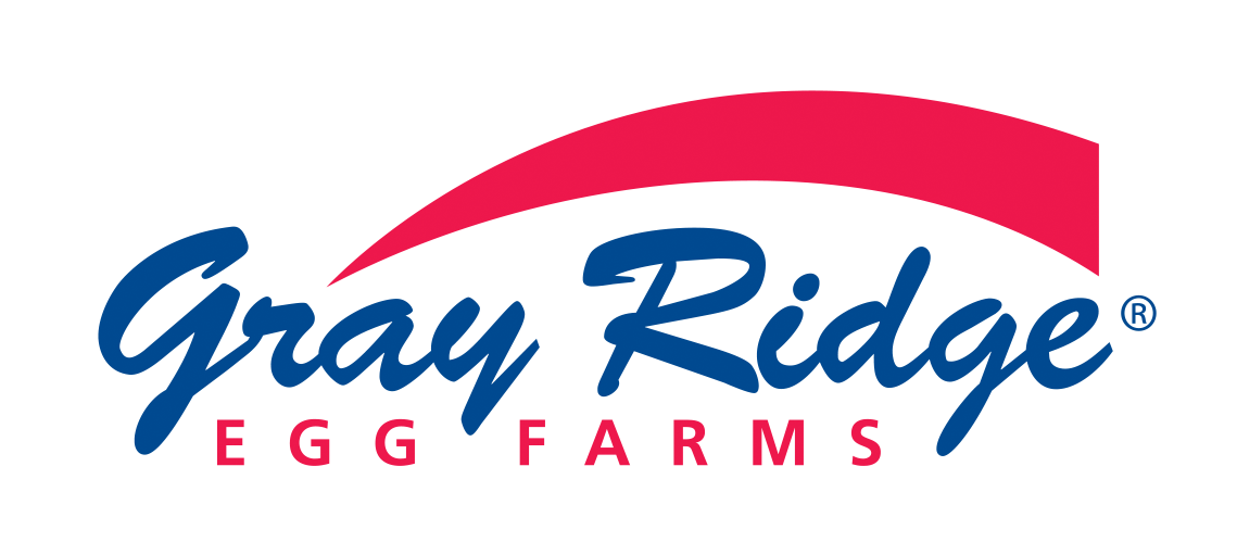 The words Gray Ridge Egg Farms with a pink banner mark over top.