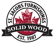 Double lined circle with red maple leaf in middle and "Solid wood" in banner moving horizontally across logo.