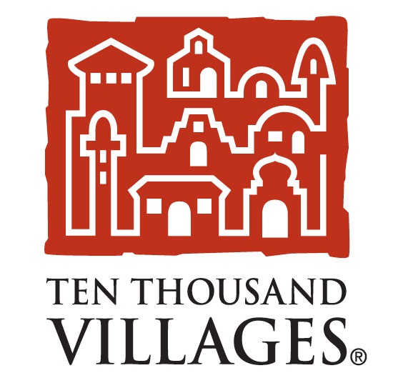A red square with a white outline of a town shows the logo of Ten Thousand Villages.