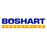Boshart in blue, with a drop outline in the O, and Industries in orange underneath.