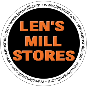 Black round logo with red lettering of Len's Mill Stores.