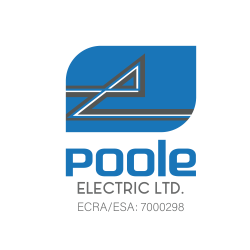 A blue rectangular shape with 2 rounded edges and a black marking inside, the words Poole Electric underneath