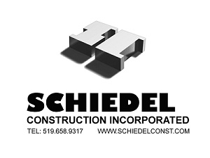 A 3D building in the shape of an H and the words Schiedel Construction in black underneath.