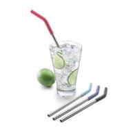 A cup of water with limes and a re-usable straw inside, and 3 re-usable straws next to it.