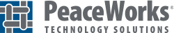 Logo of PeaceWorks Technology Solutions, which has the words spelled large, and a blue and grey quilt-like image next to it.