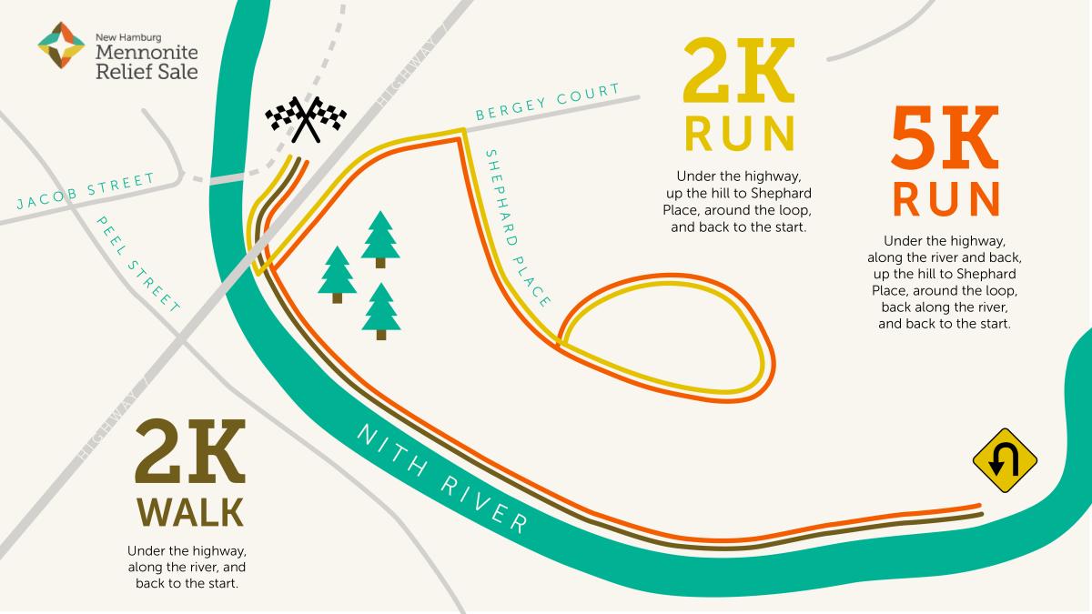 A map showing the 2k and 5k routes along the Nith River