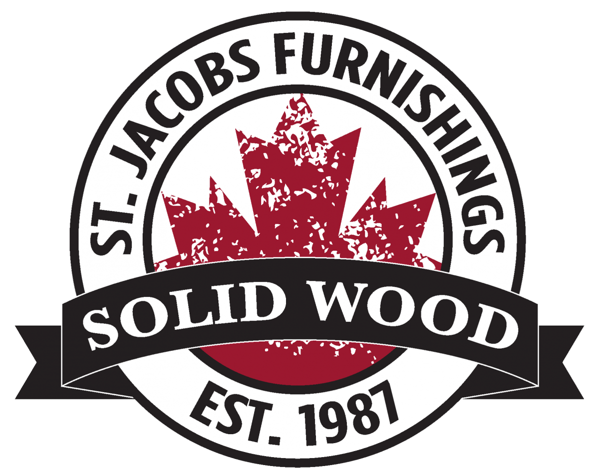 A circular logo with a maple leaf reading St. Jacobs Furnishings Solid Wood est. 1987.